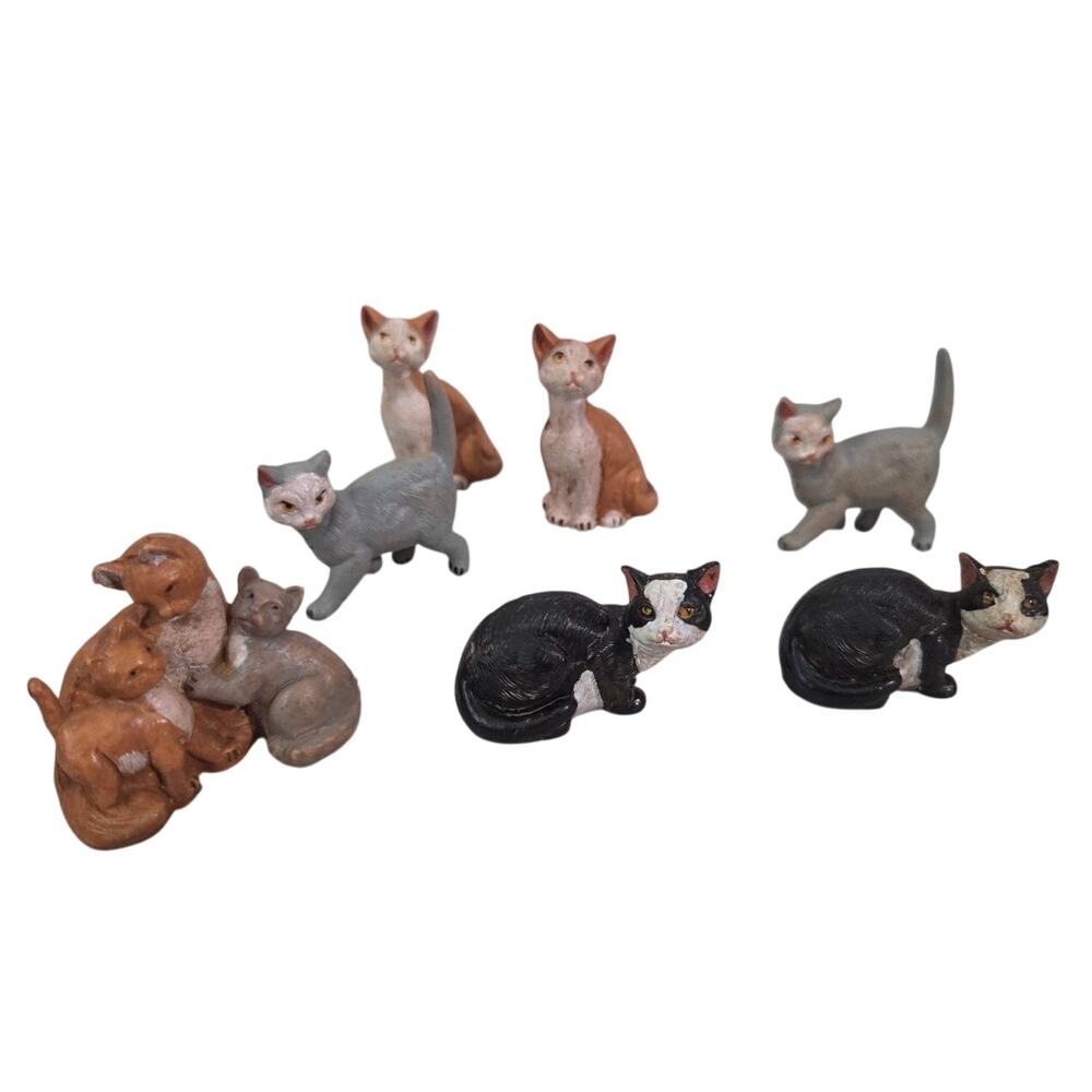 Lot 9 Vintage Mini Cat Figurines Gold Brown Black White Trinket Shelf